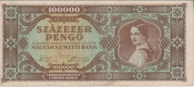 WW2 - HUNGARY 100,000 PENGO  1945 P121  VF