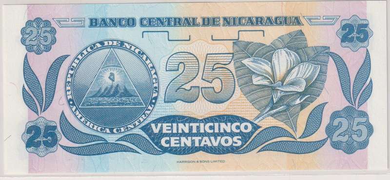 NICARAGUA 25 Centavos 1991 P170 UNC with country information sticker