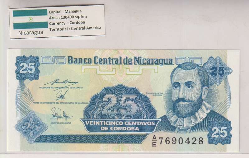 NICARAGUA 25 Centavos 1991 P170 UNC with country information sticker