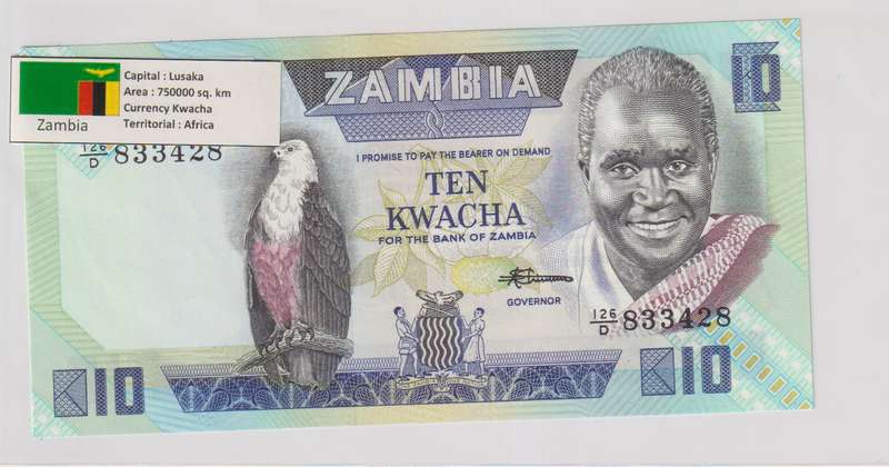 ZAMBIA 10 KWACHA 1980/88 P26 UNC with country information sticker