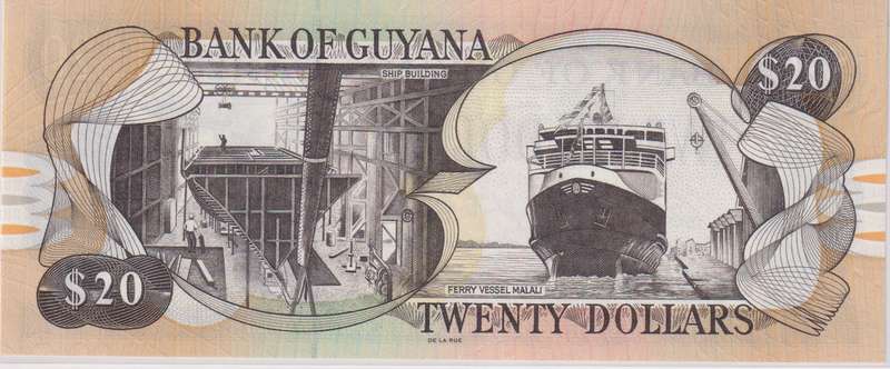 GUYANA 20 DOLLARS 2016 P30 UNC with country information sticker
