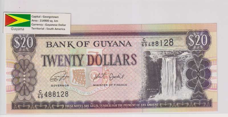 GUYANA 20 DOLLARS 2016 P30 UNC with country information sticker