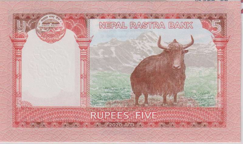 NEPAL 5 RUPEE 2020 P76 UNC with country information sticker