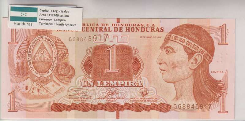 HONDURAS 1 LEMPIRA 2012 P 96a UNC with country information sticker