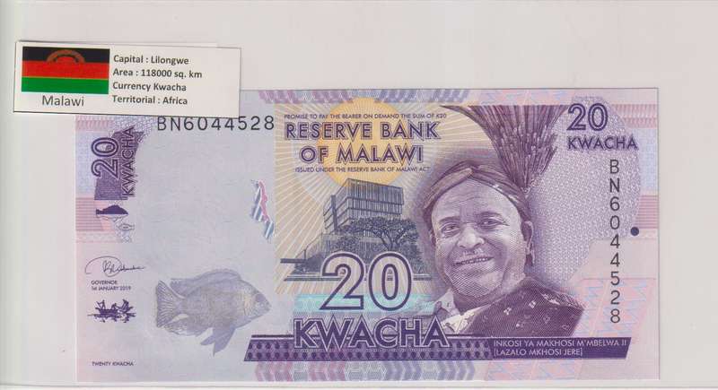 MALAWI 100 KWACHA 2019 P63 UNC with country information sticker