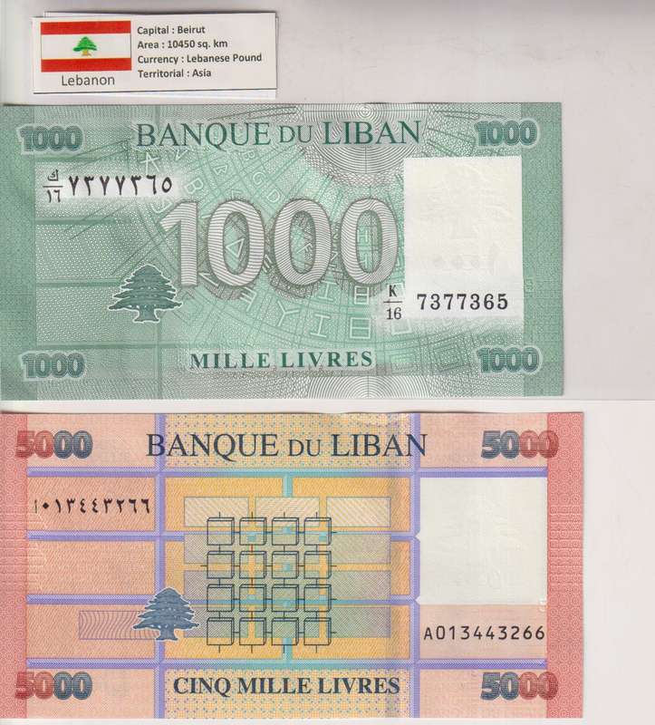 Lebanon 1,000 & 5,000 Livres P90, P91 UNC with country information sticker