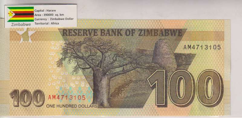 Zimbabwe 100 Dollars 2020 P 106 UNC with country information sticker