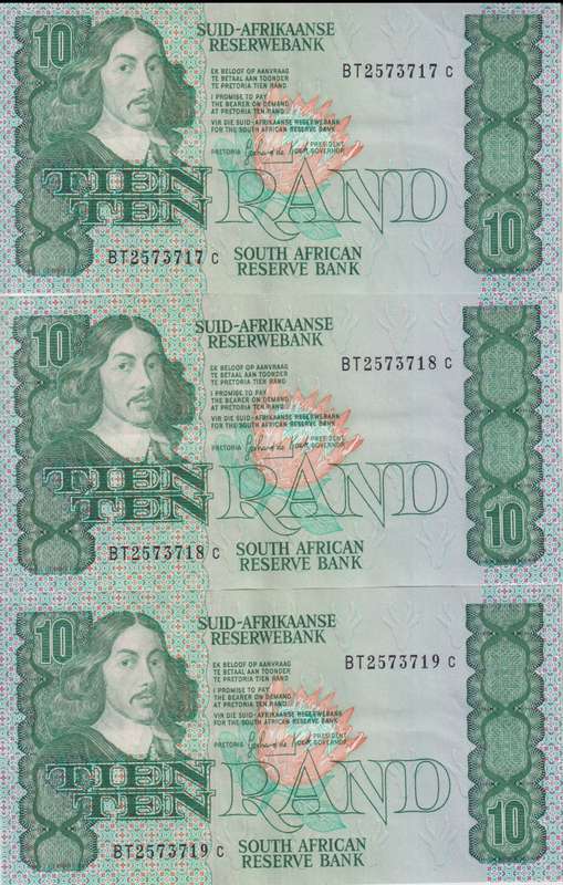 REPUBLIC OF SOUTH AFRICA - 10 RAND X 3 sequential# G.P.C.de Kock BT 1985 A/E 542 XF