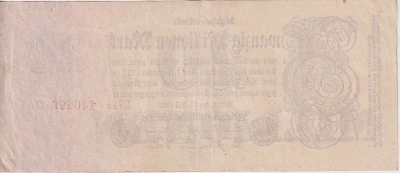 GERMANY 20,000,000 (20 MILLION) MARK REICHSBANKNOTE 1923 P97 VF (USED)