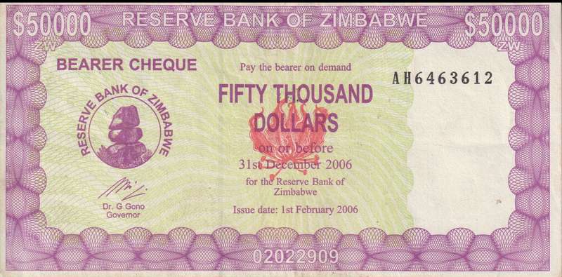 Zimbabwe 50,000 DOLLARS EMERGENCY BEARER'S CHEQUE 2006 P30 VF
