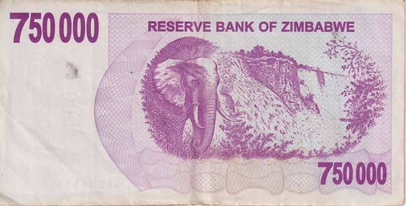 ZIMBABWE 750,000 DOLLARS BEARER'S CHEQUE 2008 P52 VF (USED)