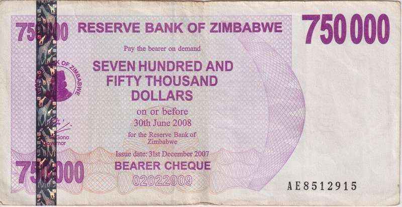 ZIMBABWE 750,000 DOLLARS BEARER'S CHEQUE 2008 P52 VF (USED)
