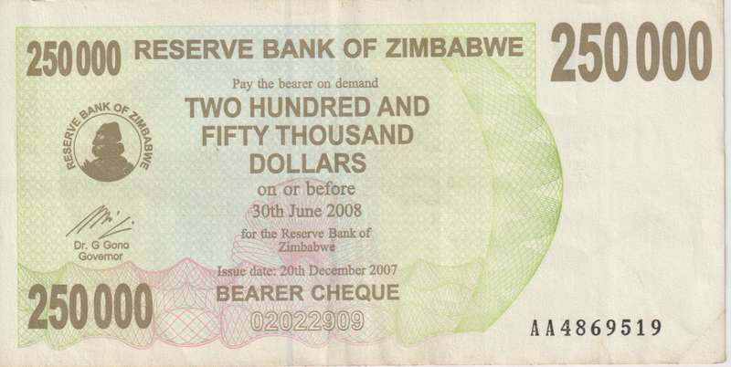 Zimbabwe 250,000 Dollars BEARER`S CHEQUE 2008 P50 VF