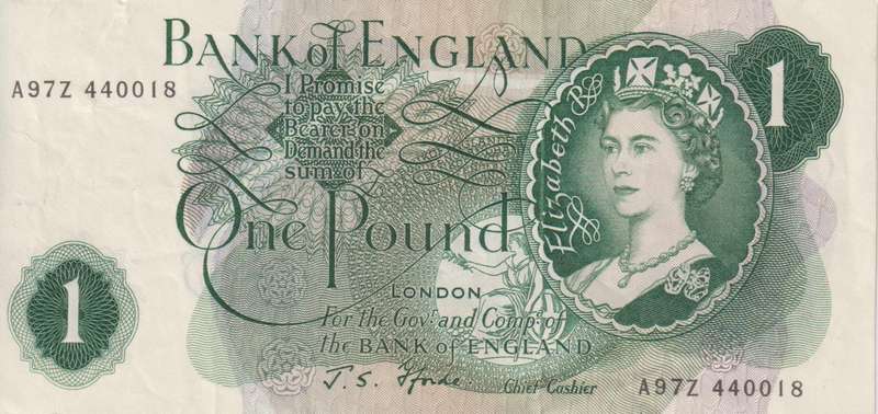 Bank of England Great Britain 1 Pound 1966-1970 `Fforde` P374f  VF