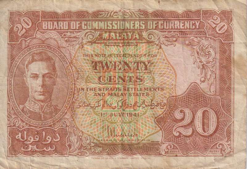 MALAYA 20 CENTS 1941  GEORGE VI  P9  VF
