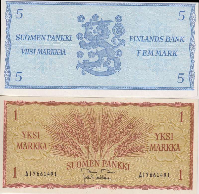 2 X FINLAND 1 & 5 MARKKAA 1963  P98, P99a UNC