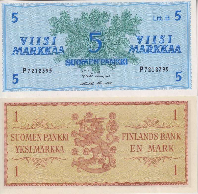 2 X FINLAND 1 & 5 MARKKAA 1963  P98, P99a UNC