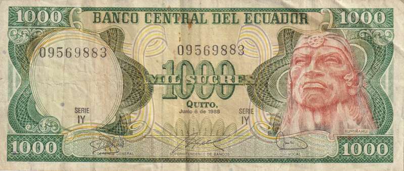 ECUADOR 1000 SUCRES 1988 P-125. VF
