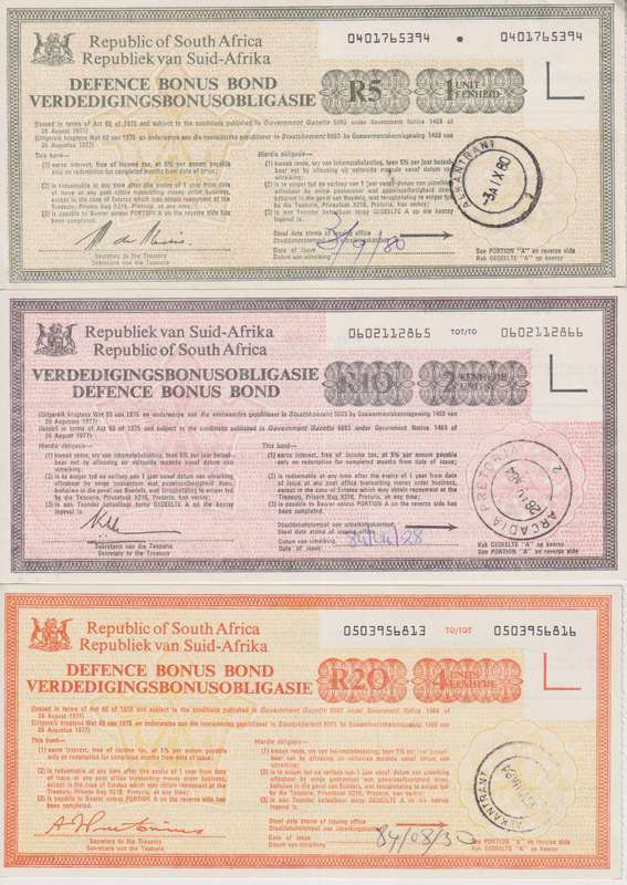 SOUTH AFRICA - SA DEFENCE FORCE BONDS - R5,R10,R20 1984 UNC