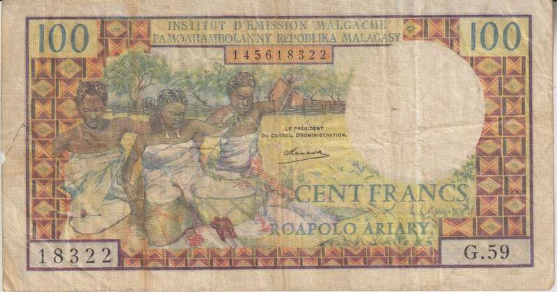 MADAGASCAR 100 FRANCS 1970-73  P57 VG