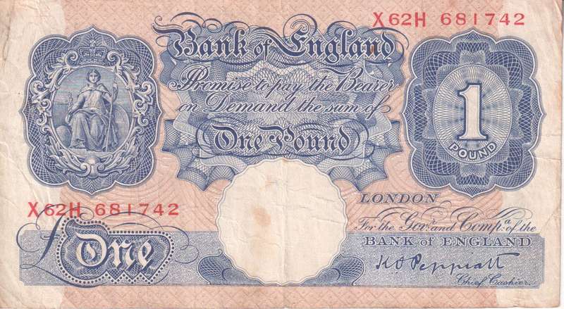 WW2 - Bank of England Great Britain 1 Pound EMERGENCY WARTIME ISSUE 1940-48 P367 VF