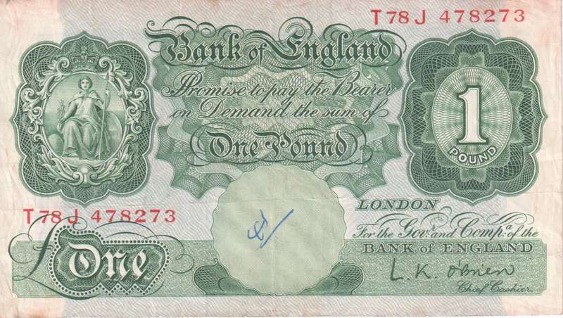 WW2 - Bank of England Great Britain 1 Pound With Security Thread  1955-60  P369c VF