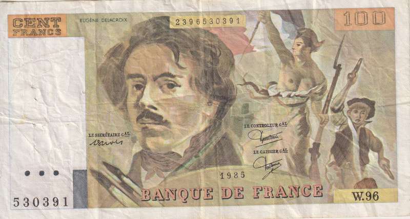 FRANCE 100 FRANCS 1985 P154 VF (Pin holes)