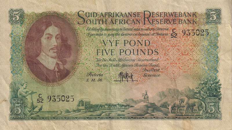 UNION OF SOUTH AFRICA - 5 POUNDS MH DE KOCK 2ND ISSUE 1956 C/52  #195 VF