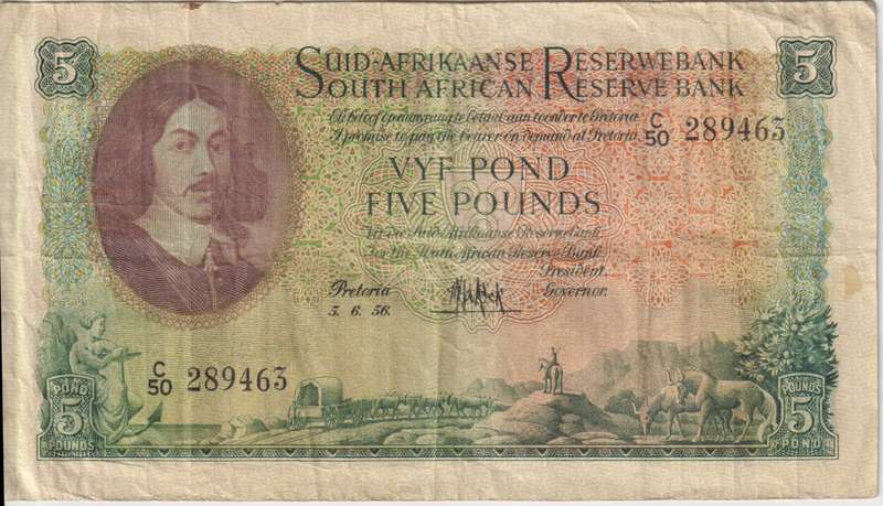 UNION OF SOUTH AFRICA - 5 POUNDS MH DE KOCK 2ND ISSUE 1956 C/50  #194 VF
