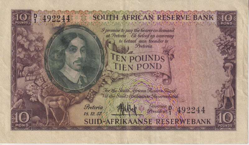 UNION OF SOUTH AFRICA - 10 POUNDS MH DE KOCK 1955 3RD ISSUE D/2  #208 VF