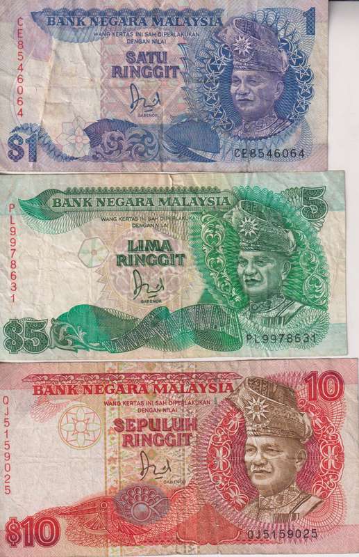 MALAYSIA 1,5,10 RINGGIT 1986-89 P27,35,36 VF