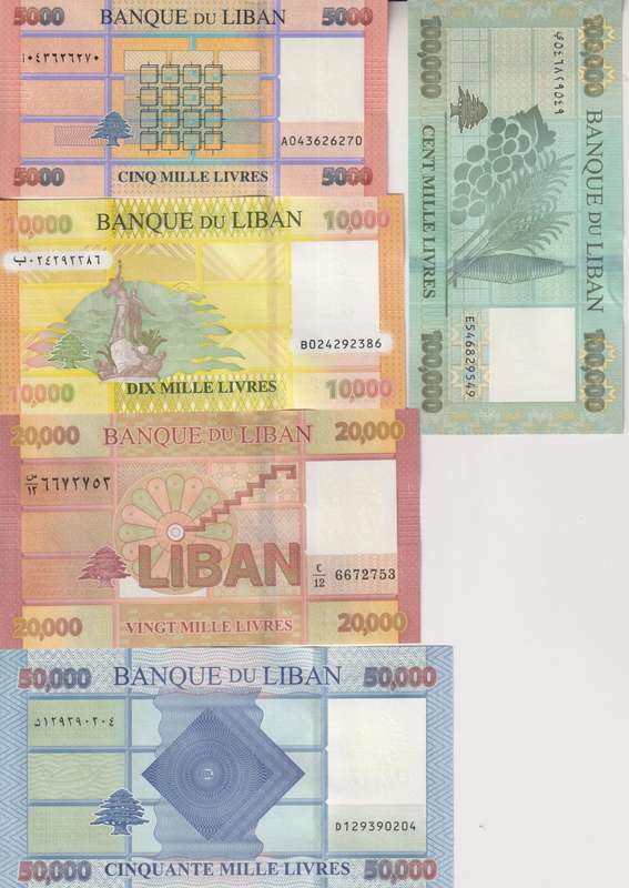 LEBANON 5,000, 10,000, 20,000, 50,000 & 100,000 LIVRES P91,92,93,94,105 UNC