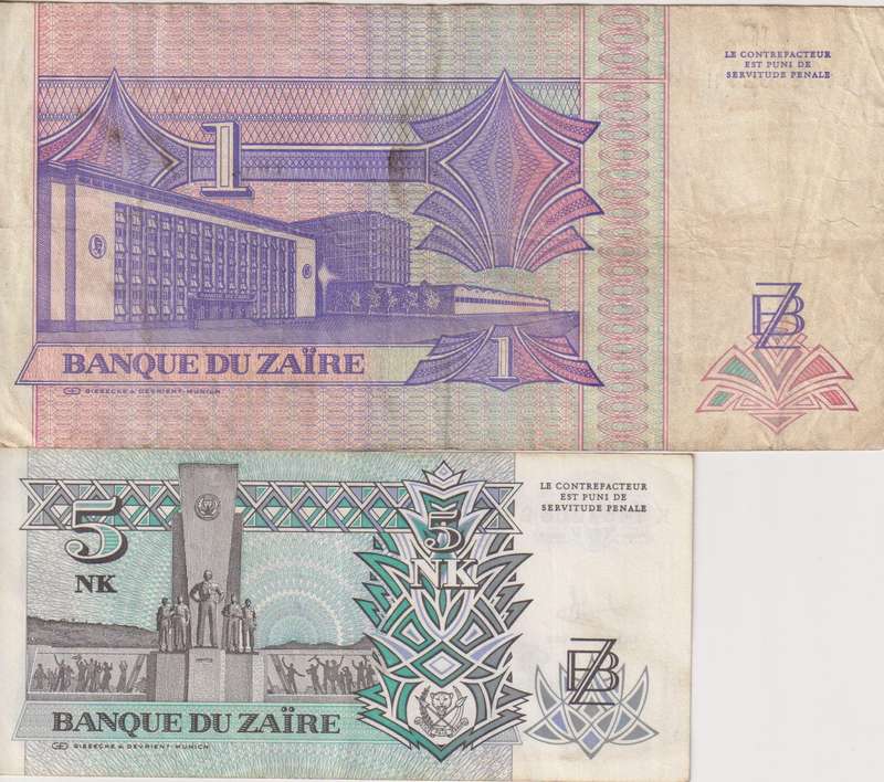 Zaire 1 , 5 Nouveau Zaires 1993  P47, P52 VF
