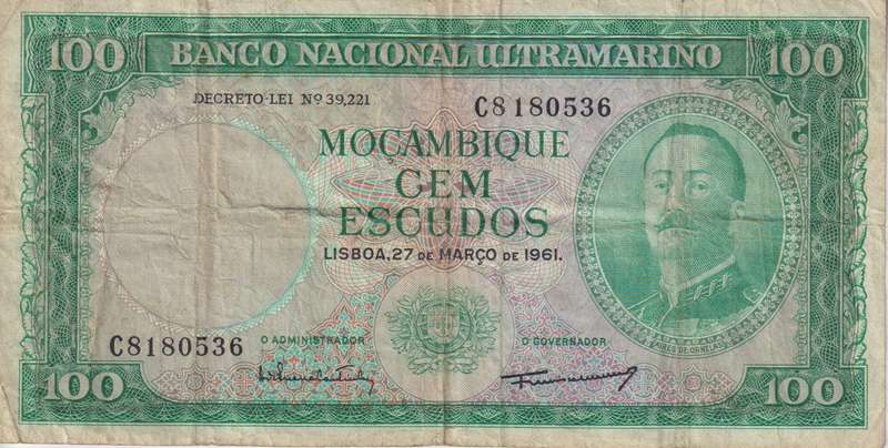 Mozambique 100 Escudos 1961 P109 F (WITHOUT OVERPRINT)