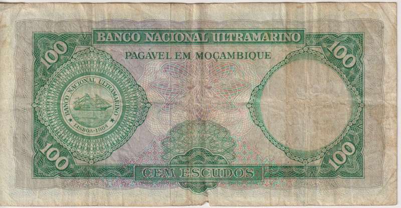 Mozambique 100 Escudos 1961 P109 F (WITHOUT OVERPRINT)