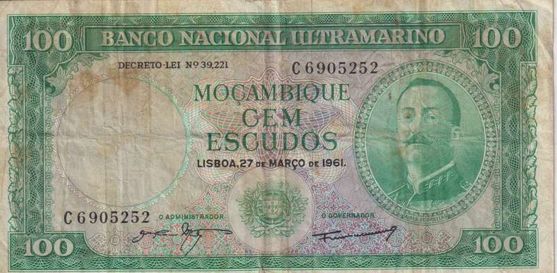 Mozambique 100 Escudos 1961 P109 F (WITHOUT OVERPRINT)