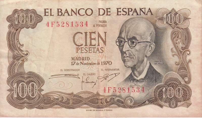 SPAIN 100 PESETAS 1970 P152 VF