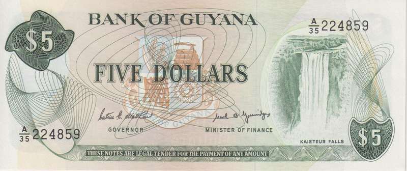 GUYANA 5 DOLLARS 1989 P22 UNC