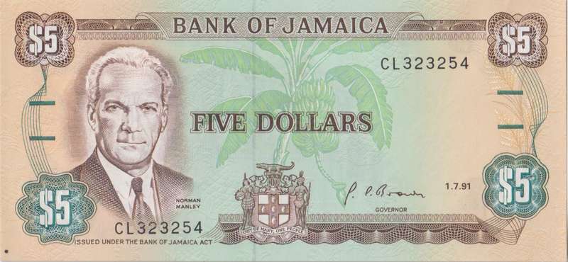 JAMAICA 5 DOLLARS 1991  P70d UNC