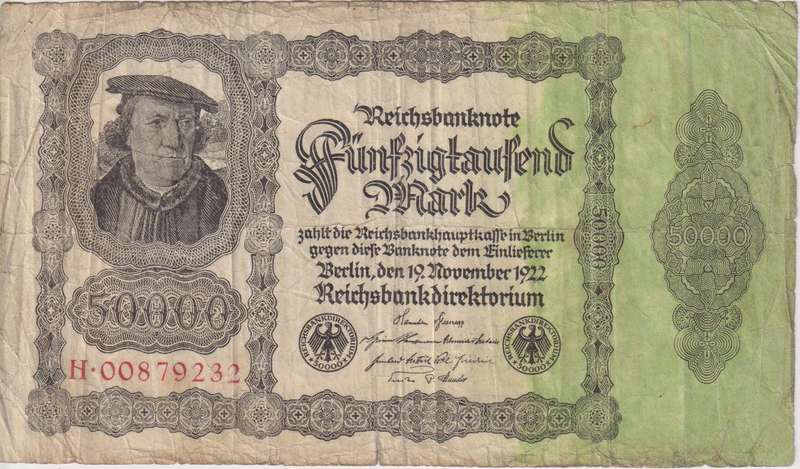 GERMANY 50,000 MARK REICHSBANKNOTE 1922 P79 F (USED)