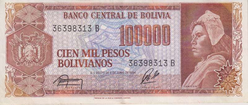 BOLIVIA 100,000 PESOS BOLIVIANOS 1984 P171 XF