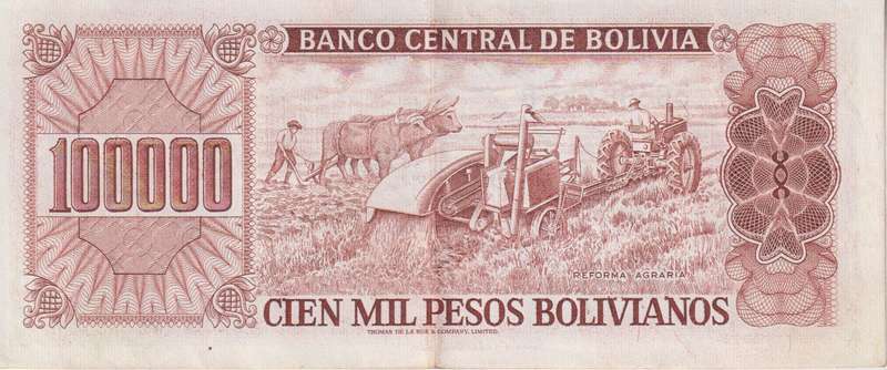 BOLIVIA 100,000 PESOS BOLIVIANOS 1984 P171 XF
