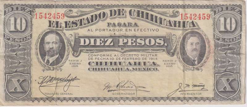 MEXICO - STATE OF CHIHUAHUA - 10 PESOS 1915 PS534  VF