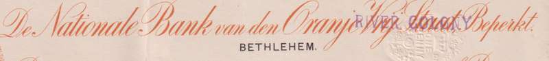 DE NATIONALE BANK VAN DEN ORANJE RIVER COLONY CHEQUE, BETHLEHEM 1900'S - UNUSED & EMBOSSED