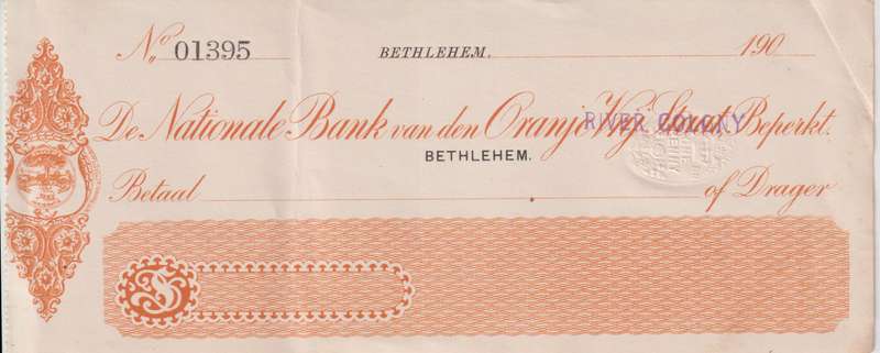 DE NATIONALE BANK VAN DEN ORANJE RIVER COLONY CHEQUE, BETHLEHEM 1900'S - UNUSED & EMBOSSED