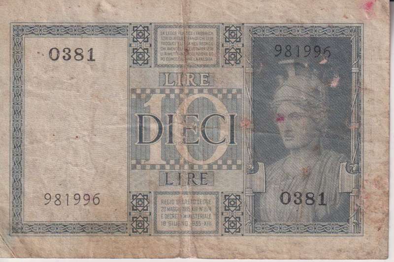 Italy 10 Lire, 1939 P25c.1 VF