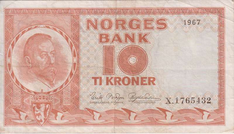 NORWAY 10 KRONER  1967 P31 VF