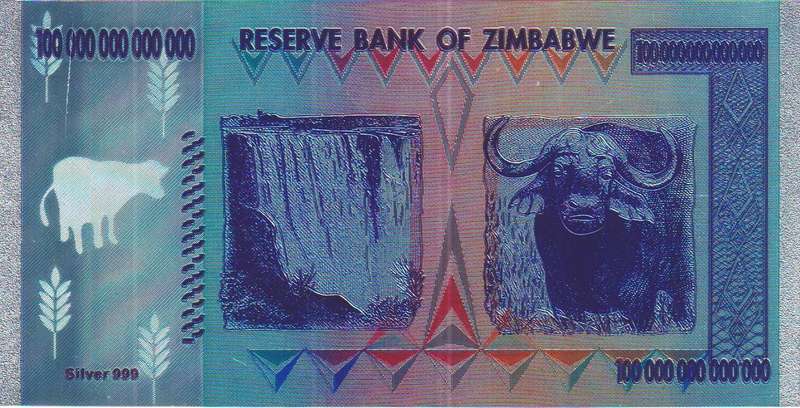 2 X ZIMBABWE 100 TRILLION DOLLARS NOVELTY NOTES -  1X SILVER FOIL AND 1 X GOLD FOIL PLASTIC PLATED