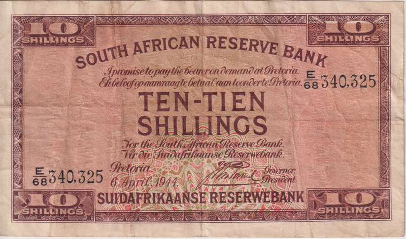 UNION OF SOUTH AFRICA - 10 SHILLINGS J POSTMUS 1944 E/68  #30 VF