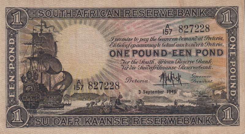 UNION OF SOUTH AFRICA - 1 POUND MH DE KOCK 1946 A/157  #106 VF